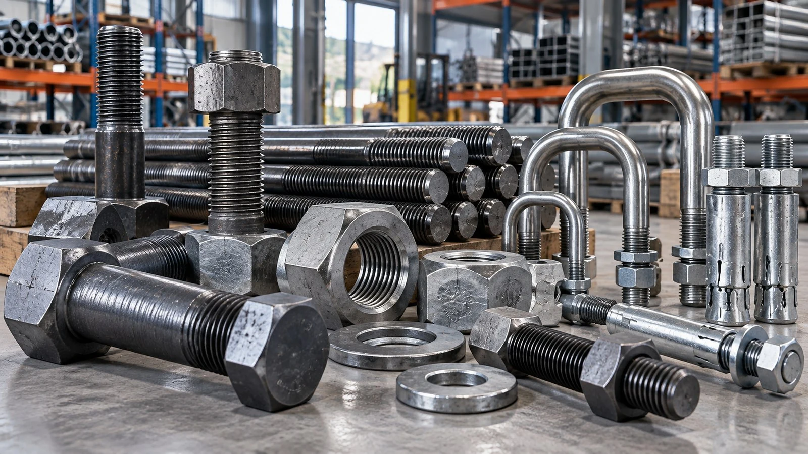 Heavy-duty fasteners including large bolts, studs, threaded rod, nuts and washers