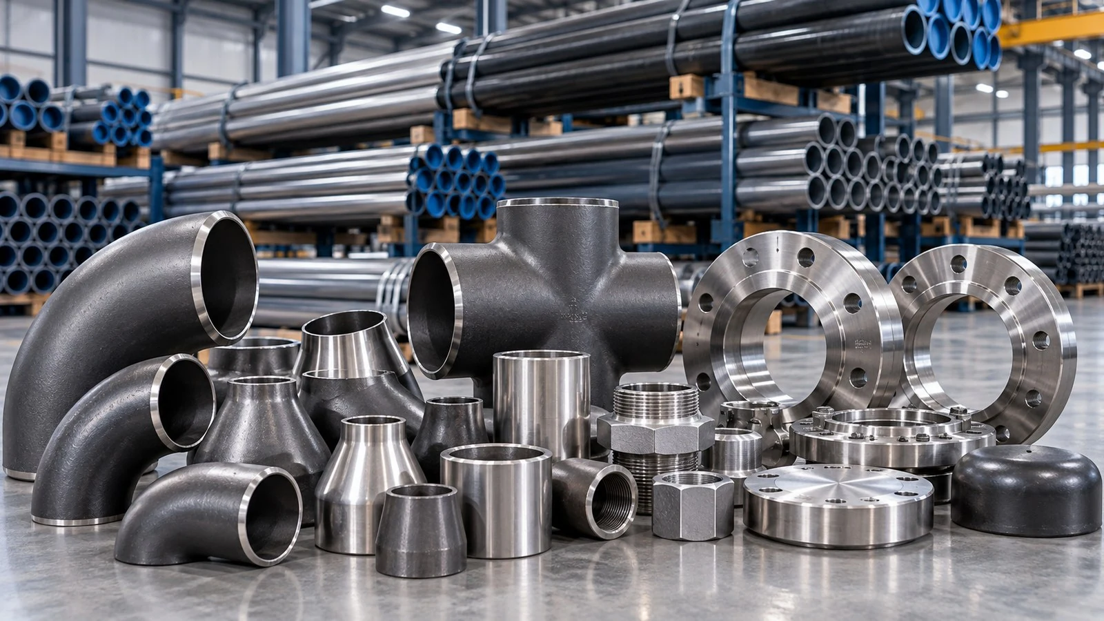 Industrial steel pipes, elbows, tees, reducers and flanges